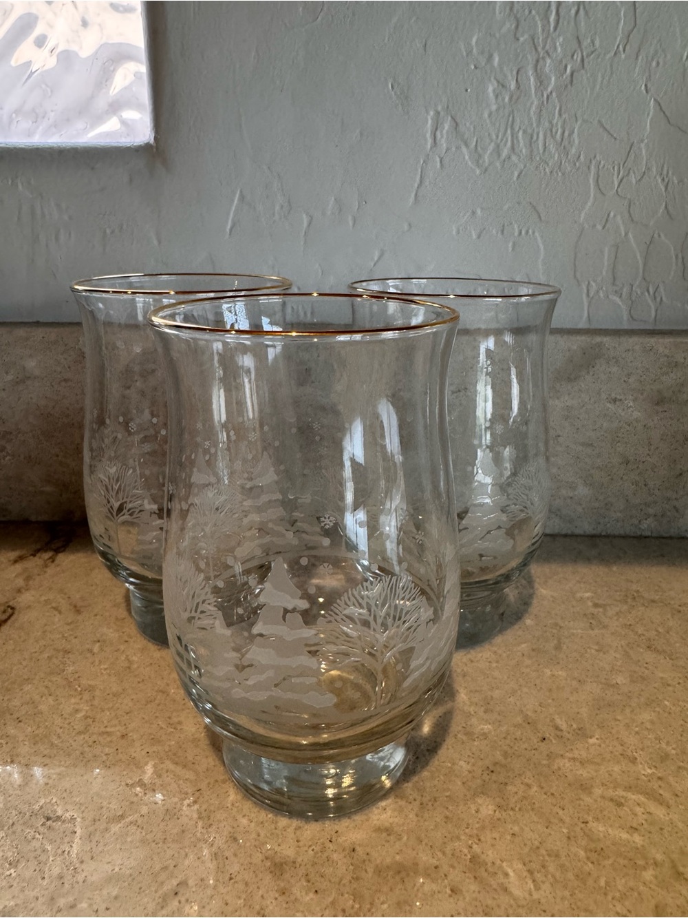 Set of 3 Clear Glass Vases with Gold Rim - Holiday Tree Etching